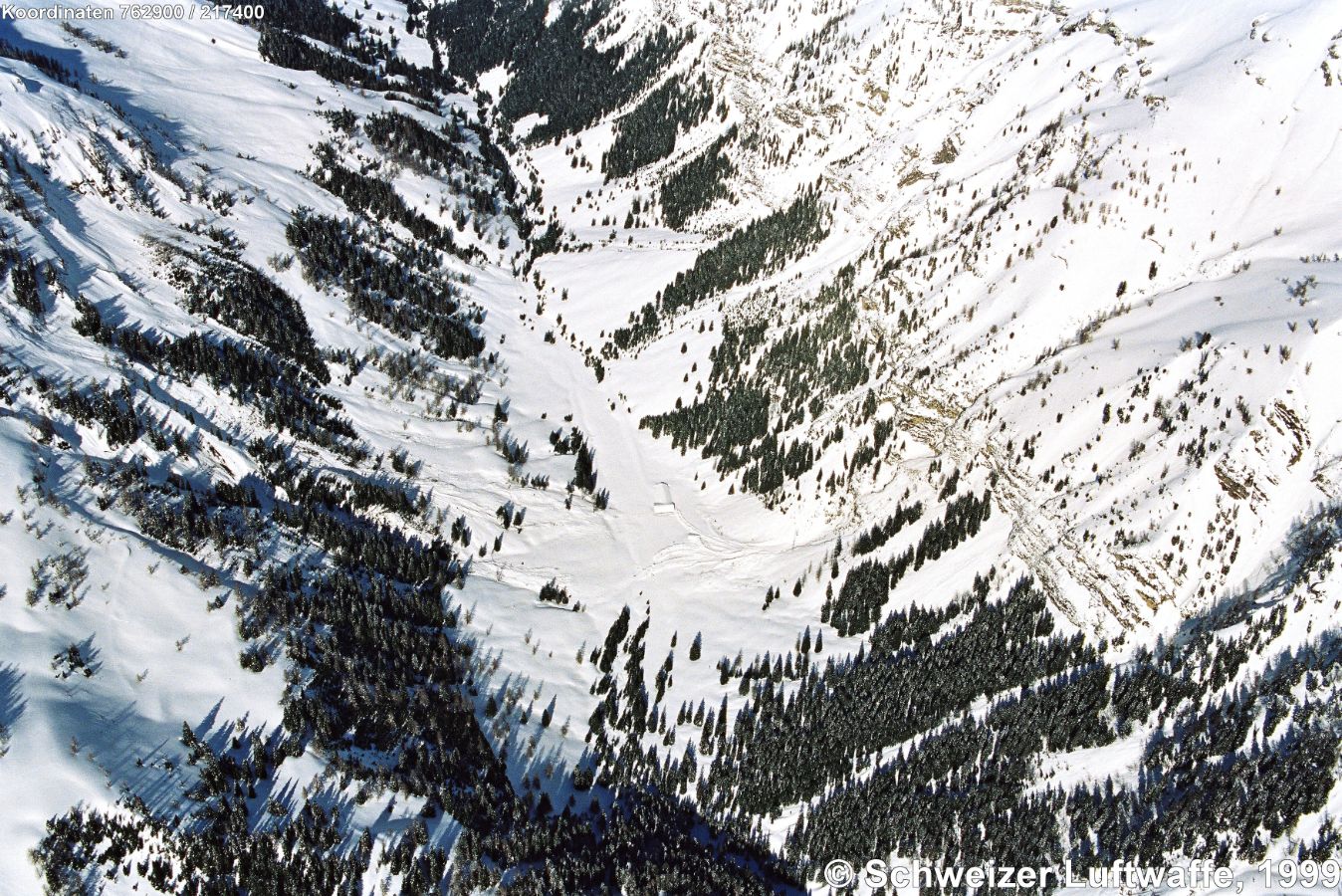 Alp Valüna (Position 2'763'193.55, 1'217'163.11) im oberen Saminatal. Weiler weiter nordwärts: Breita Zog, dann Valünerbach. Bildecke links unten: Untersäss, links oben: Alpeltli.